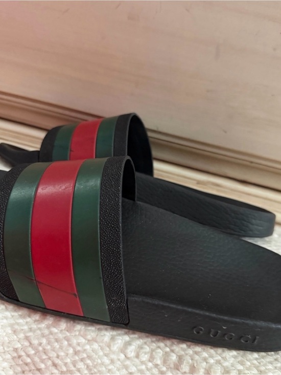Gucci Shoes - Gucci Black Slide Sandals with Red & Green Stripe
